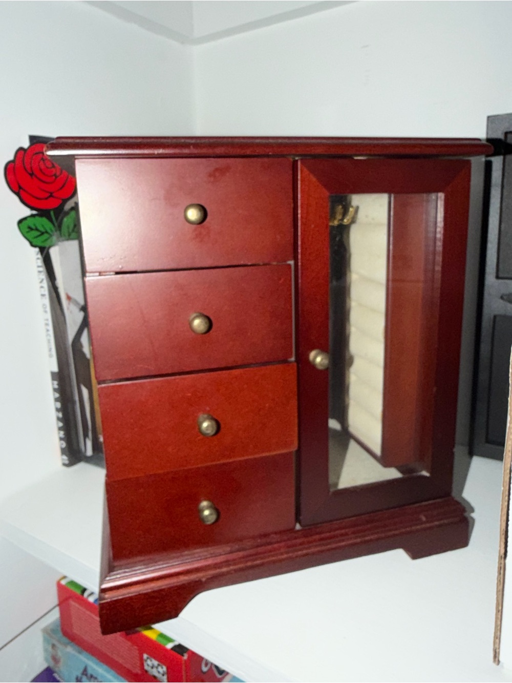 Wood Finish Jewelry Organizer Cabinet with Mirror Door - Red Brown